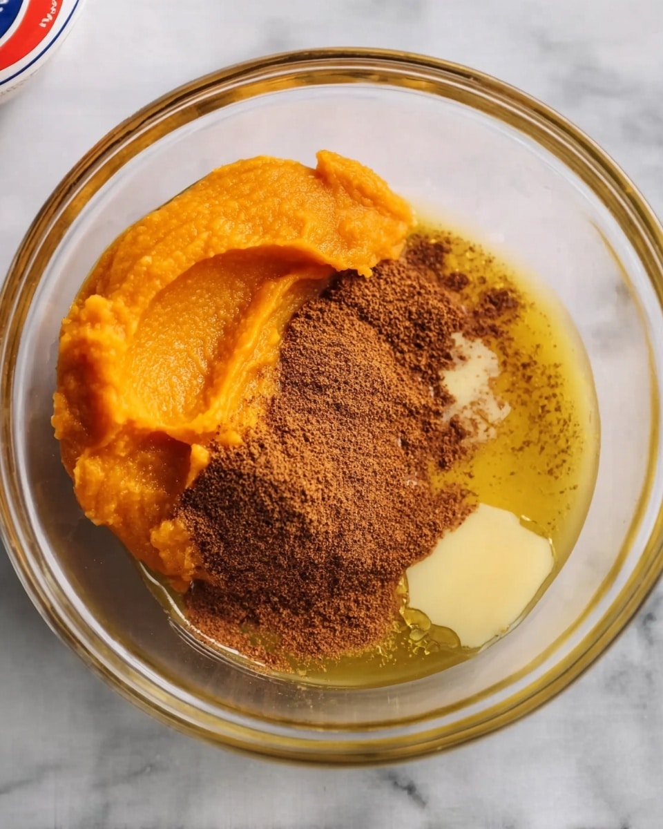 A clear glass bowl sits on a white marbled surface, holding three main layers of ingredients. The largest layer is a thick, bright orange puree of smooth texture, placed on one side of the bowl. Next to it, there is a mound of fine, dark brown powder sitting in the middle. The third layer is a small pool of pale yellow buttery liquid with a shiny surface, spread slightly below and around the powder. The setting is clean and simple photo taken with an iphone --ar 4:5 --v 7