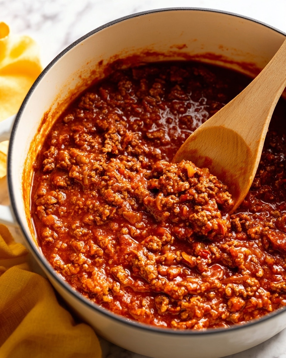 A close-up view of a thick meat sauce inside a white pot with a black inner rim. The sauce is deep red with chunks of browned meat and small pieces of vegetables mixed in, showing a slightly glossy, rich texture. A wooden spoon is stirring the sauce, with some sauce lifted by the spoon. The pot sits on a white marbled surface with a yellow cloth blurred in the background. Photo taken with an iphone --ar 4:5 --v 7