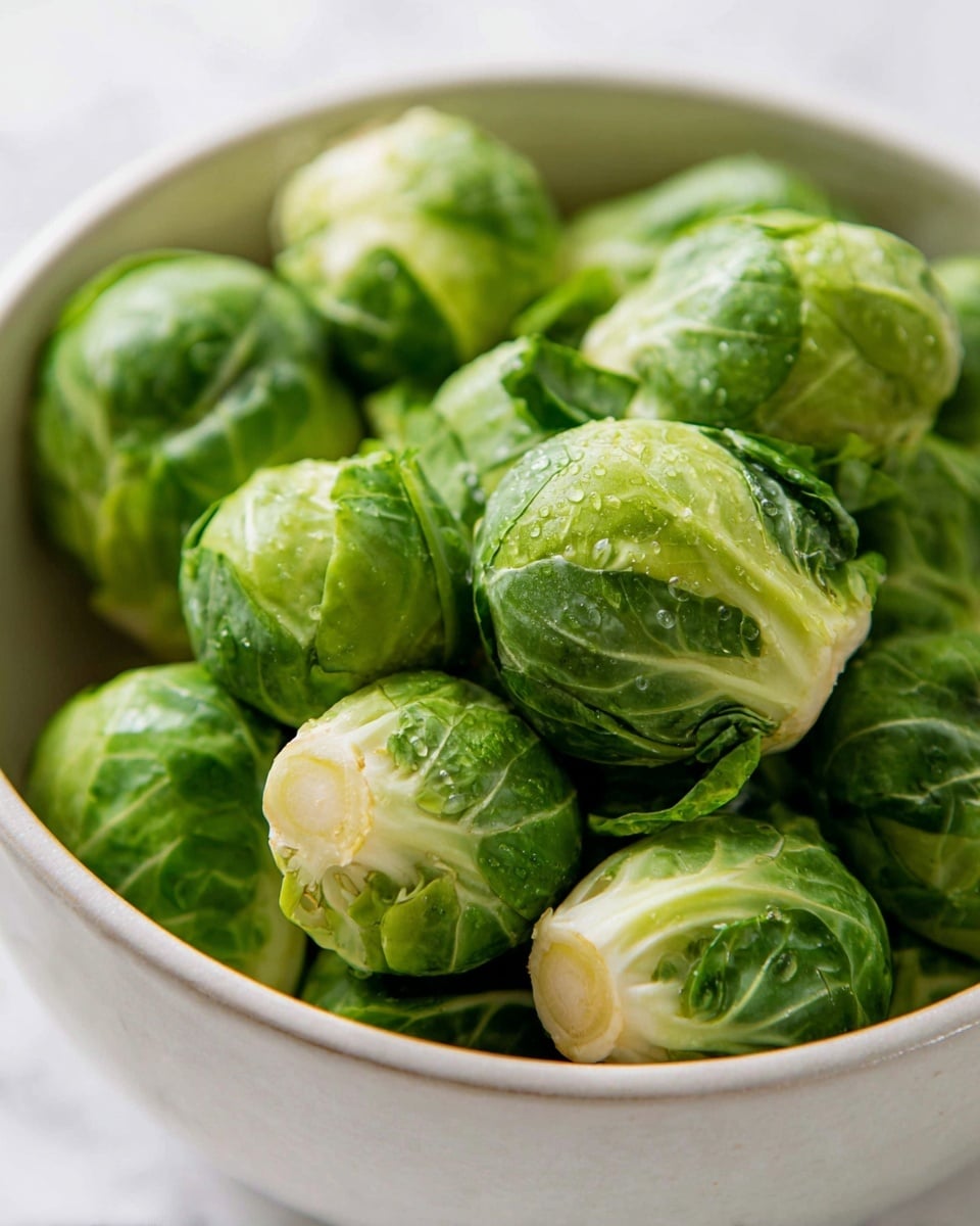 A close-up image shows a white bowl filled with fresh Brussels sprouts. The Brussels sprouts are bright green with some lighter green shades, showing their small leaves tightly packed. Water drops are visible on the surface of the Brussels sprouts, making them look fresh and clean. The bowl has a simple, slightly textured outer surface, and the background is a white marbled texture. photo taken with an iphone --ar 4:5 --v 7