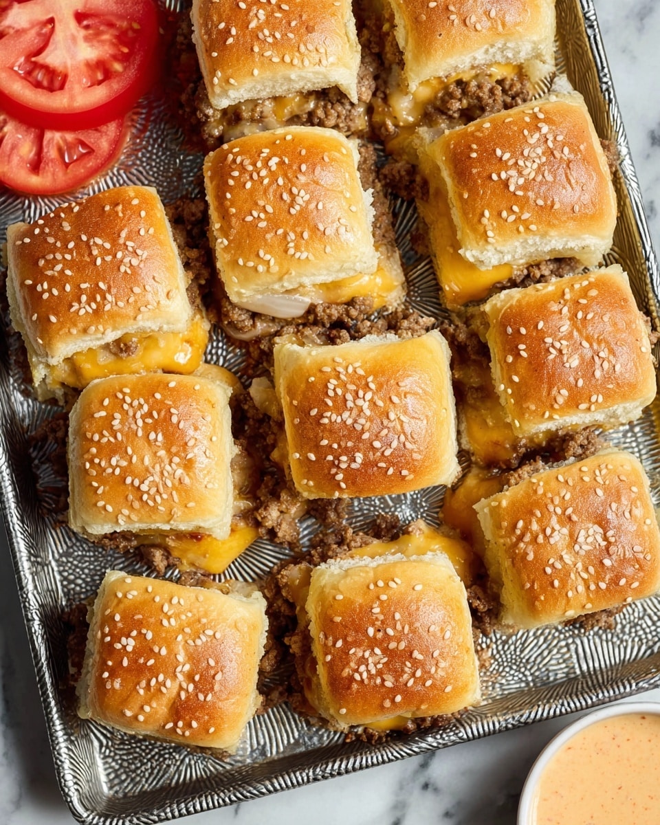 There are twelve small slider sandwiches arranged in a 3x4 grid on a textured silver tray. Each sandwich has a golden brown top bun sprinkled with white sesame seeds. Inside, the sandwiches show a filling of melted yellow cheese and cooked ground beef mixed with small bits of onion, visible in some sandwiches that are slightly open. To the top left, there are a few slices of red tomato on the tray. At the bottom right corner, part of a white bowl with a light orange dipping sauce is visible. The whole scene is set on a white marbled surface. Photo taken with an iphone --ar 4:5 --v 7