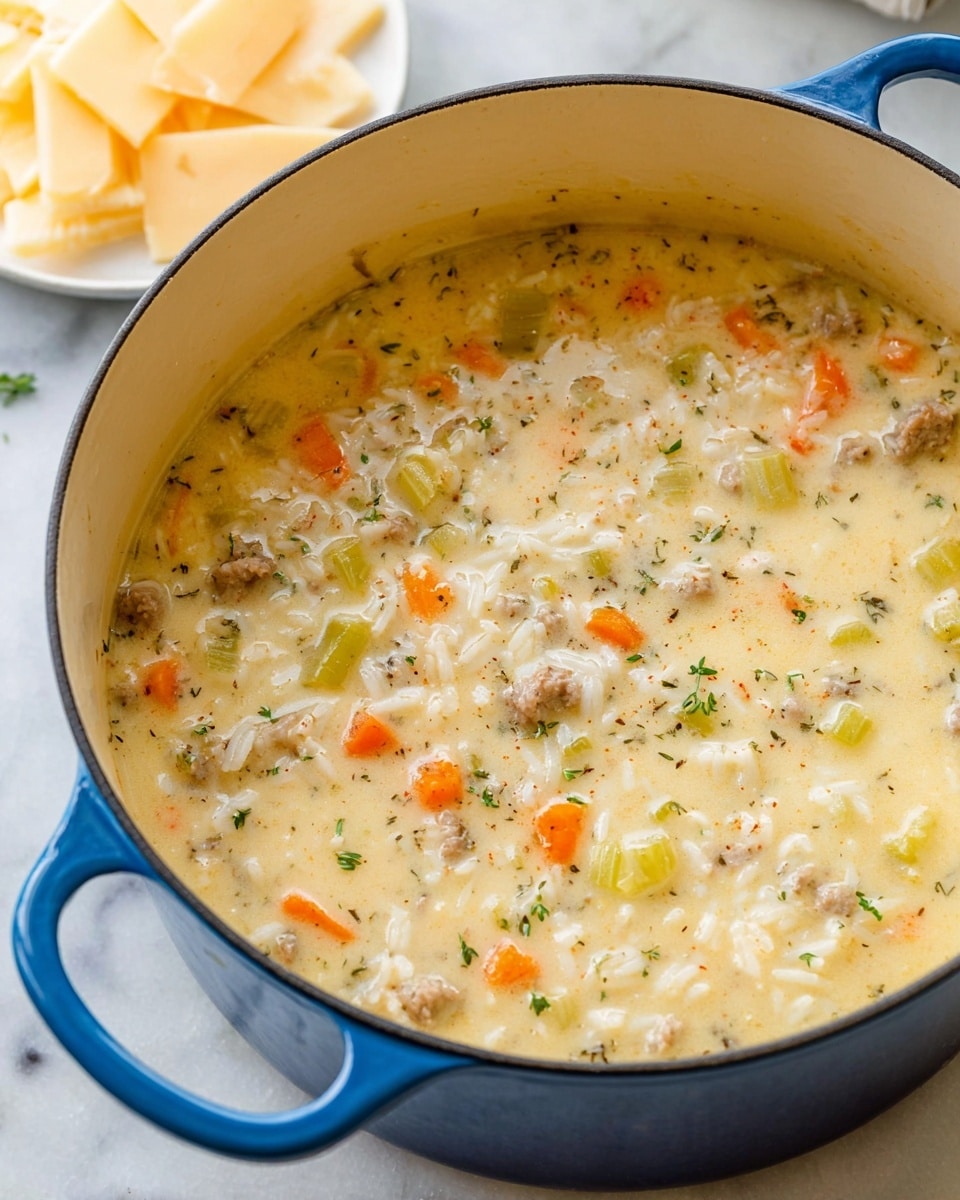 A blue pot filled with thick creamy soup featuring small chunks of orange carrots, light green celery, and pieces of light brown meat, all mixed with white rice in a pale yellow broth with visible herbs and spices speckled throughout. The pot is placed on a white marbled surface, and in the background, there is a white plate with light yellow cheese slices. Photo taken with an iphone --ar 4:5 --v 7