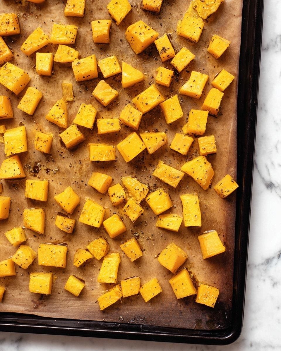 The image shows a black baking tray filled with many small cubes of orange-yellow roasted squash spread evenly on brown parchment paper. The cubes vary slightly in size and shape and have a light sprinkle of black pepper and some oil giving them a glossy look. The edges of the tray show signs of use with slight dark marks. The background is a white marbled texture photo taken with an iphone --ar 4:5 --v 7