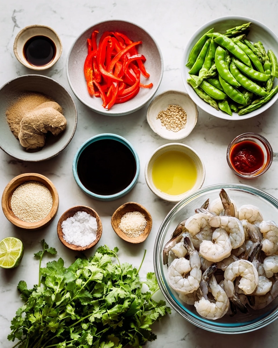 The image shows many ingredients laid out on a white marbled surface. On the right side, there is a large clear glass bowl filled with raw shrimp with tails, mostly pale gray and white in color. Above it, there is a white bowl with thin, long red bell pepper strips. To the left of the shrimp, there is a gray bowl with cut green asparagus pieces, some spears and some chopped stalks. Around these main bowls are smaller bowls filled with different items: light brown sugar in a white bowl, dark soy sauce in a white bowl, light yellow olive oil in a white bowl, orange-colored vinegar in a white bowl, white sesame seeds in a small wooden bowl, white baking powder in another small wooden bowl, and minced garlic in a small wooden bowl. There is also a white bowl with fresh snow peas and a large bunch of fresh bright green cilantro spread out loosely on the surface. A small wooden bowl of red chili sauce is near the snow peas. Everything is neat and brightly lit, showing fresh and raw ingredients ready to be cooked. Photo taken with an iphone --ar 4:5 --v 7