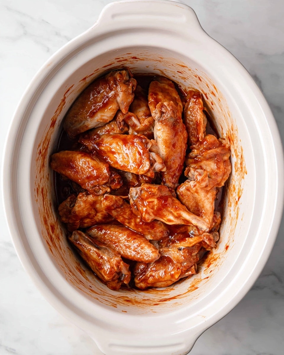 Inside a white slow cooker, raw chicken wings are coated in a reddish-brown sauce and layered in a single uneven pile. The wings show smooth and slightly shiny textures with visible sauce coverage, resting against the white ceramic sides of the cooker. The slow cooker sits on a white marbled surface, with some sauce smudges on the inner walls, giving a fresh, uncooked look. photo taken with an iphone --ar 4:5 --v 7