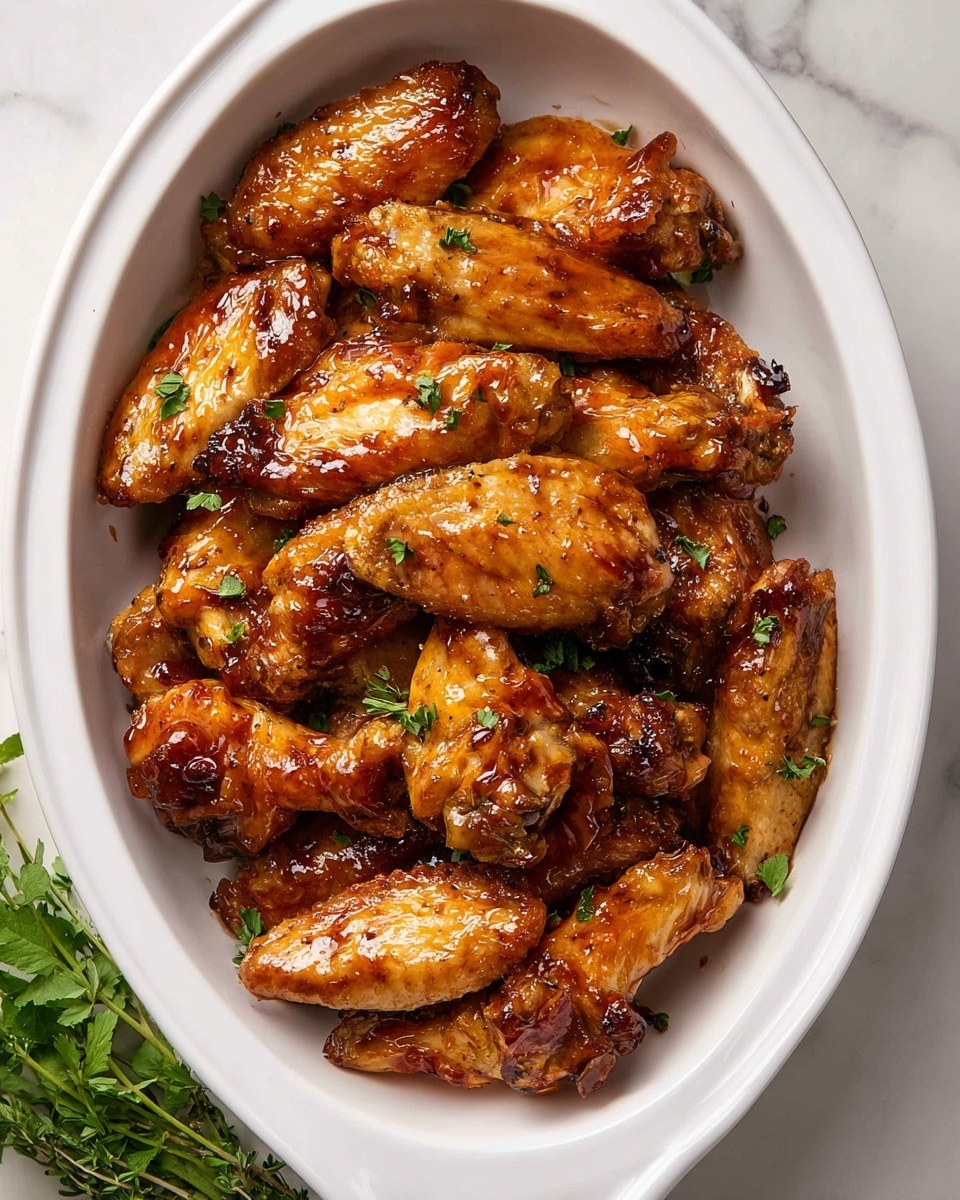 A white oval dish filled with about 15-20 golden brown glazed chicken wings, each wing showing a shiny, slightly sticky texture with hints of dark caramelized spots. The wings are layered closely together, with small green herb pieces sprinkled evenly across the top for a touch of color. The dish sits on a white marbled surface with bunches of fresh green herbs around it, adding freshness to the scene. Photo taken with an iphone --ar 4:5 --v 7