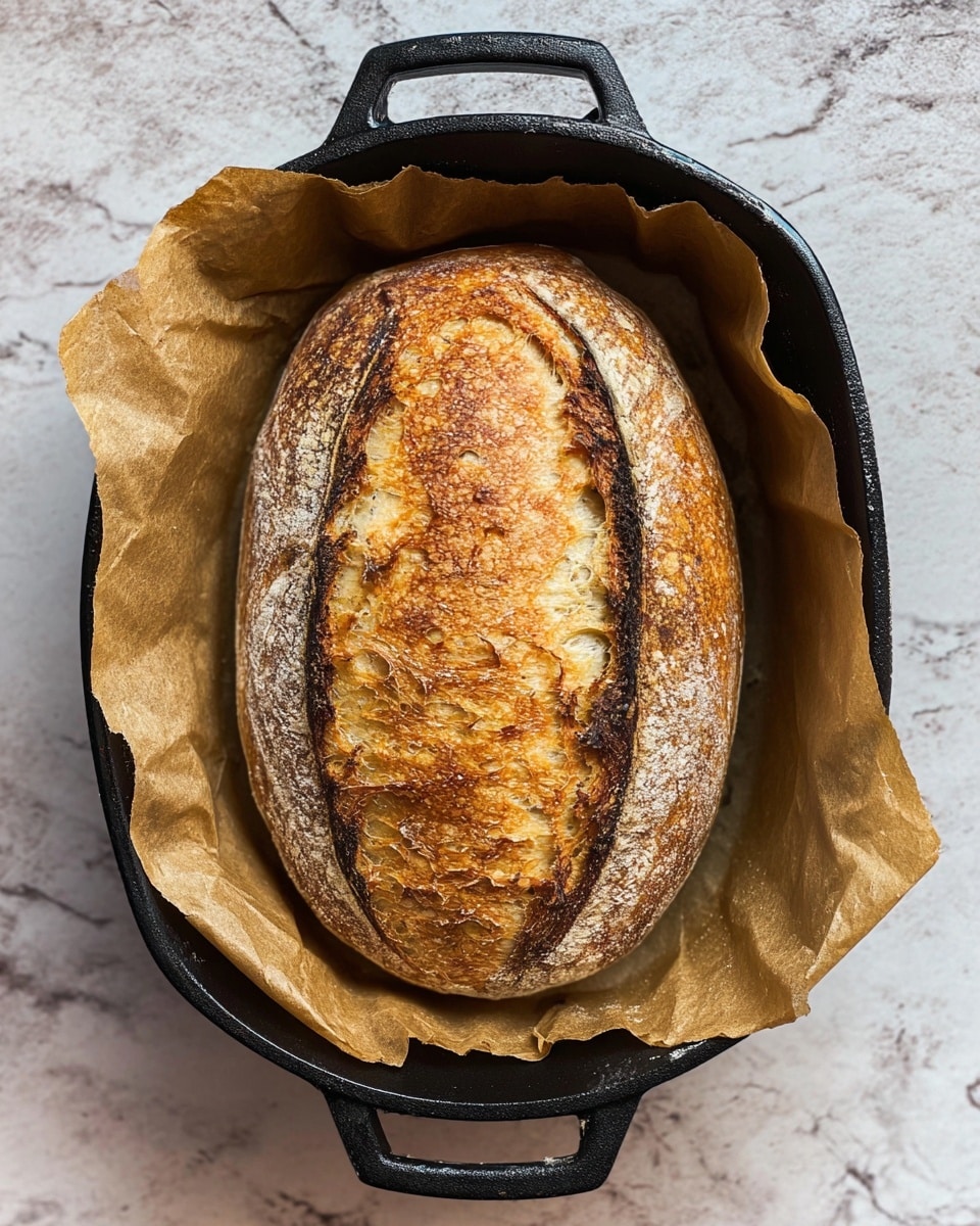 A rustic loaf of bread with a deep golden-brown crust lies in a black cast iron pan lined with light brown parchment paper. The bread’s surface is textured with natural cracks and darker toasted spots, with a pale dusting of flour along the edges creating a contrast. The loaf is oval-shaped and centered in the pan, which has two handles visible at the top and bottom. The pan rests on a white marbled surface that subtly shines under soft lighting. photo taken with an iphone --ar 4:5 --v 7