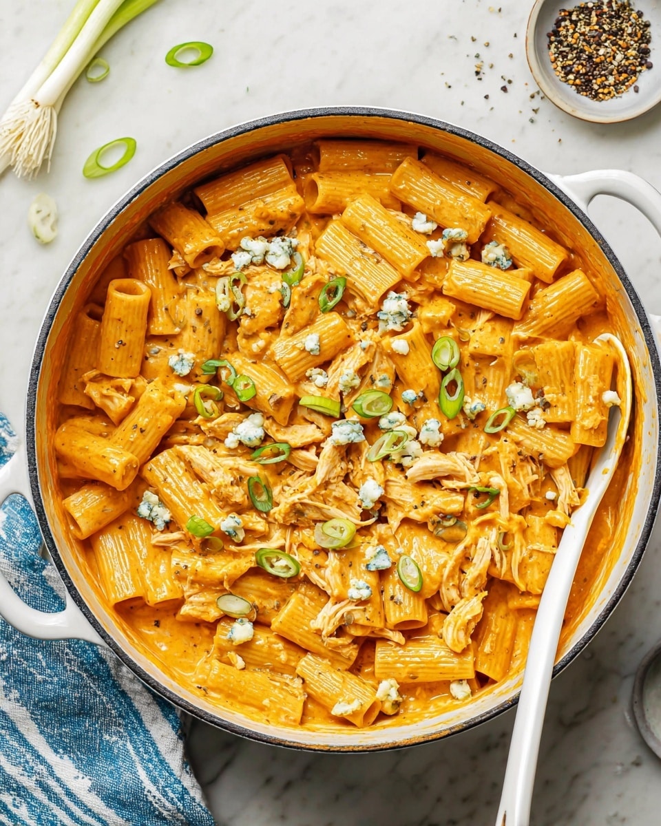 A white plate filled with rigatoni pasta coated in an orange creamy sauce, topped with small pieces of shredded white chicken, crumbled blue cheese, and sliced green onions scattered on top. The rigatoni tubes have a ridged texture and are arranged randomly but cover the entire plate. A golden fork is placed on the left side of the plate. The dish rests on a white marbled surface with a small white bowl containing crumbled cheese visible in the top left corner, along with a blue and green striped cloth napkin on the lower right side. Photo taken with an iphone --ar 4:5 --v 7