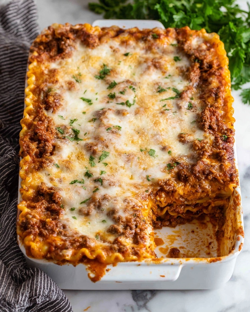 A white casserole dish holds a baked lasagna with three visible layers: the bottom layer is frilly, cooked pasta noodles with a light golden color peeking from the edges; the middle layer is a thick meat sauce mixed with red tomato sauce and darker brown cooked ground meat bits; the top layer is melted cheese that is creamy white with patches of light golden brown where it is baked, slightly bubbling with a glossy texture. The edges of the pasta are slightly browned and curled, and some sauce has spilled on the sides of the dish. The dish is placed on a white marbled surface with some green parsley in the background and a gray striped cloth partially visible. photo taken with an iphone --ar 4:5 --v 7