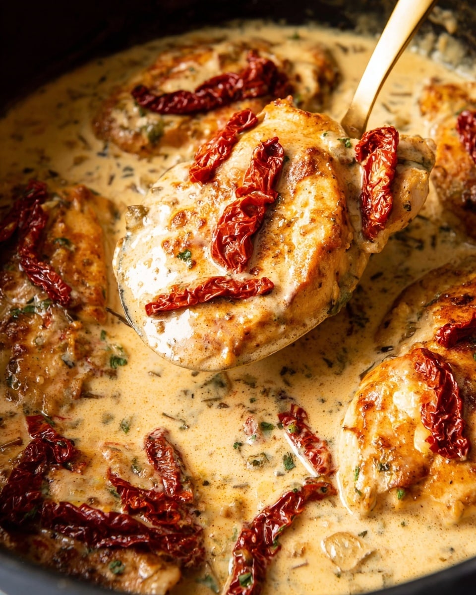 The image shows thick pieces of cooked chicken partially covered in a creamy light beige sauce with specks of herbs and spices. On top of each chicken piece, there are strips of deep red sun-dried tomatoes scattered across the surface. The creamy sauce surrounds the chicken, filling the black pan, with a golden spoon lifting one piece, showing the chicken's smooth texture coated in the rich sauce. The light reflects softly on the creamy sauce and the shiny sun-dried tomatoes, creating a warm and inviting look. Photo taken with an iphone --ar 4:5 --v 7