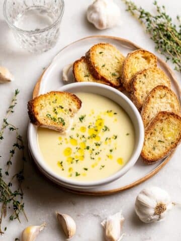 French Garlic Soup with Cheesy Crostinis Recipe
