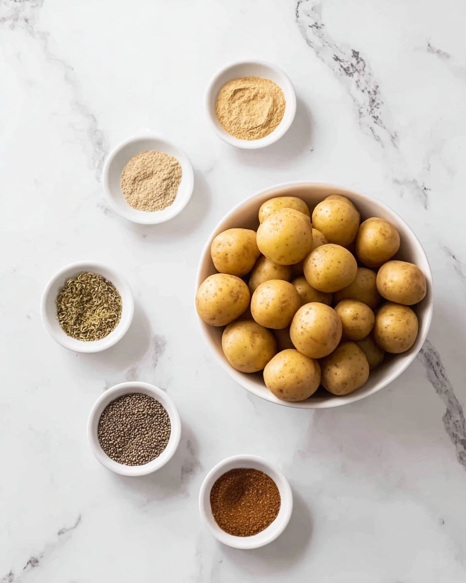 The image shows a white bowl filled with small, round, light brown potatoes sitting on a white marbled surface. Around the bowl, there are five small white bowls arranged loosely; each contains different spices and seasonings. The colors of the spices vary from pale beige to dark brown, with textures ranging from powdery to coarse. The background is a clean white marble pattern with grey veins. The overall look is neat and simple, focusing on the fresh potatoes and dry spices. Photo taken with an iphone --ar 4:5 --v 7