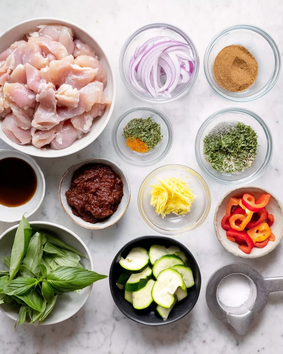 The image shows a white bowl filled with pale pink raw sliced chicken pieces on the left side. Above it is a small white bowl with thinly sliced light purple onions. To the right, there are small clear glass bowls with different ingredients: one has a brown powder, another has finely chopped green herbs, and a third has yellow grated zest with a small green stalk. Below these is a small bowl with fresh green basil leaves. At the bottom left, there is a white bowl with dark red paste that looks thick in texture. Near it, a small dish holds minced garlic and ginger in pale yellow shades. A small bowl with dark brown liquid sits nearby. On the bottom right, a black bowl contains sliced green zucchini and red bell peppers. There is also a small white dish with salt and a small empty silver metal bowl. The surface is a white marbled texture photo taken with an iphone --ar 4:5 --v 7