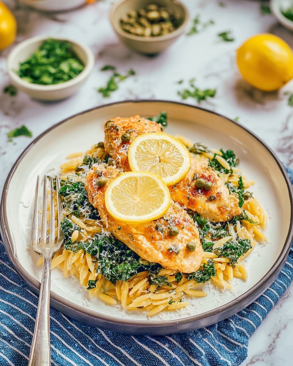 A white plate with a dark rim holds a layered dish starting with a bed of small, yellow orzo pasta mixed with vibrant green kale. On top of the pasta layer, two golden-brown cooked chicken fillets rest side by side. The chicken is garnished with small green capers scattered over its surface, and two slices of bright yellow lemon are placed on top of the chicken. A light dusting of white grated cheese or seasoning is sprinkled over the dish. A silver fork lies on the bottom edge of the plate, resting partly on a blue and white striped cloth. The background is a white marbled texture with small bowls partially visible nearby, containing fresh green herbs and lemon slices. Photo taken with an iphone --ar 4:5 --v 7