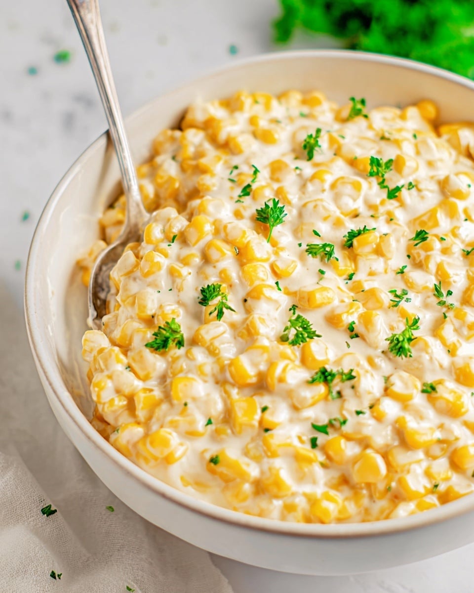 The image shows a close-up of a white bowl filled with creamy corn. It has two main layers: the yellow corn kernels mixed evenly with a thick, white cream sauce. Small pieces of green parsley are sprinkled on top, adding a touch of color. A silver spoon rests on the side inside the bowl. The bowl is placed on a white marbled surface with a hint of green blurred in the background. photo taken with an iphone --ar 4:5 --v 7
