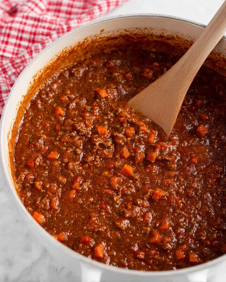 A close-up view of a white cooking pot filled with thick, rich brown-red sauce mixed with small chunks of orange carrots and bits of meat. The sauce looks hearty and textured with visible pieces of vegetables and meat throughout, giving it a chunky appearance. A wooden spoon with a smooth texture is partially submerged in the sauce, angled towards the bottom right. The pot sits on a white marbled surface with part of a red and white checkered cloth visible at the top edge. Photo taken with an iphone --ar 4:5 --v 7