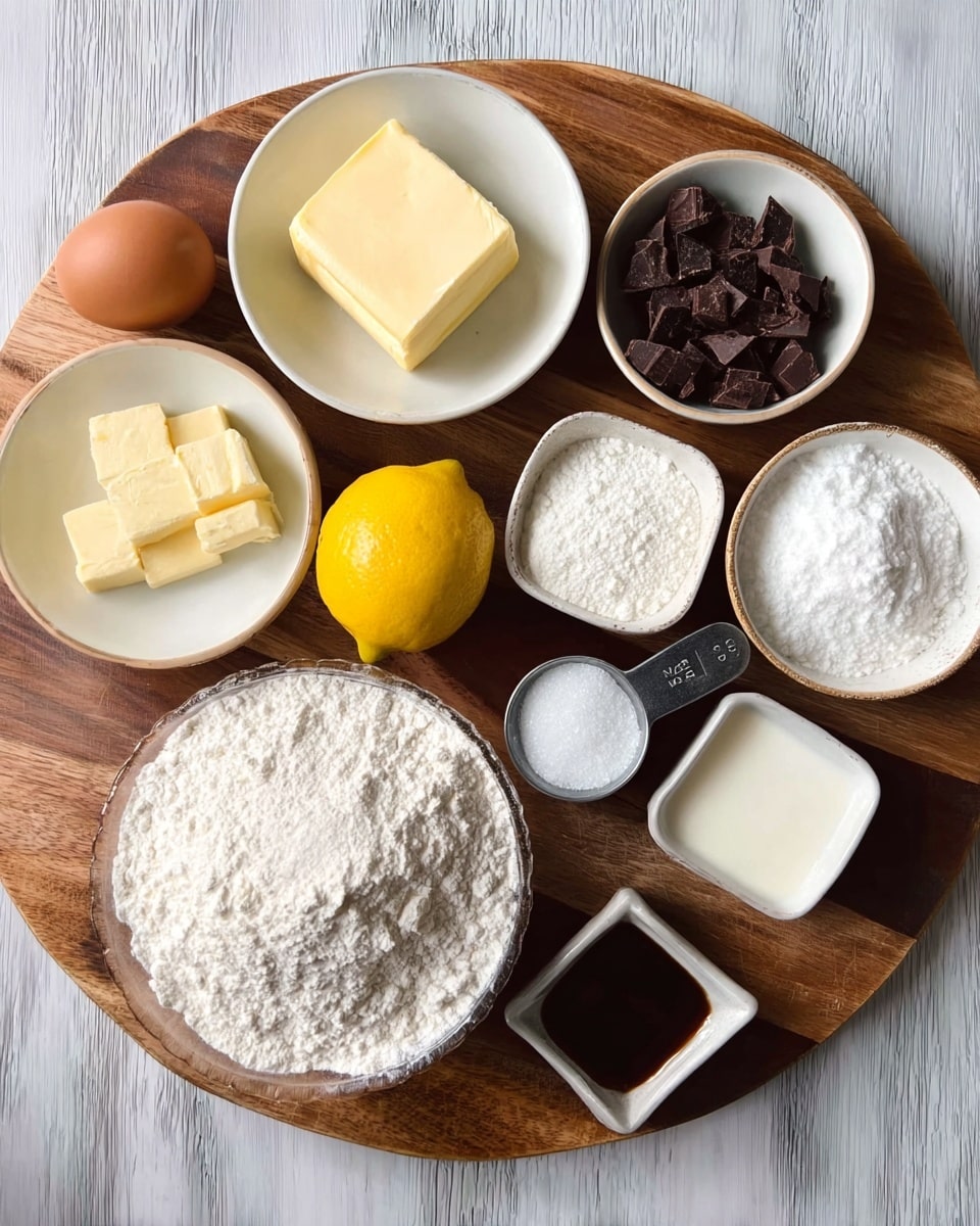 A round wooden board holds several small white dishes and an egg, all neatly arranged. In the front center, there is a white bowl filled with white flour. To its left, a white bowl with a block of pale yellow butter. Above that, a small white bowl with dark chocolate chunks. To the right of the flour bowl, a lemon sits directly on the board next to a silver measuring cup filled with white sugar. Near the top right, a white bowl with a white creamy substance and a small light gray bowl filled with white powder. Above that, three small square white dishes line up with dark brown, white powder, and dark liquid inside them. A single brown egg is placed on the far left side of the board. The wooden board rests on a white marbled texture. Photo taken with an iphone --ar 4:5 --v 7