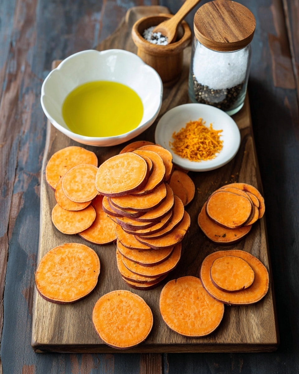 The image shows thin, orange sweet potato slices with brown edges stacked on a wooden cutting board, spread in small piles across the surface. On the left side of the board, there is a small white bowl filled with yellow oil, and next to it, a tiny white bowl containing orange zest. To the right, a white jar holds black pepper, and on the top left corner, there is a small wooden container with white salt and a wooden spoon inside. The cutting board is placed on a dark wooden table with a white marbled texture background. Photo taken with an iphone --ar 4:5 --v 7