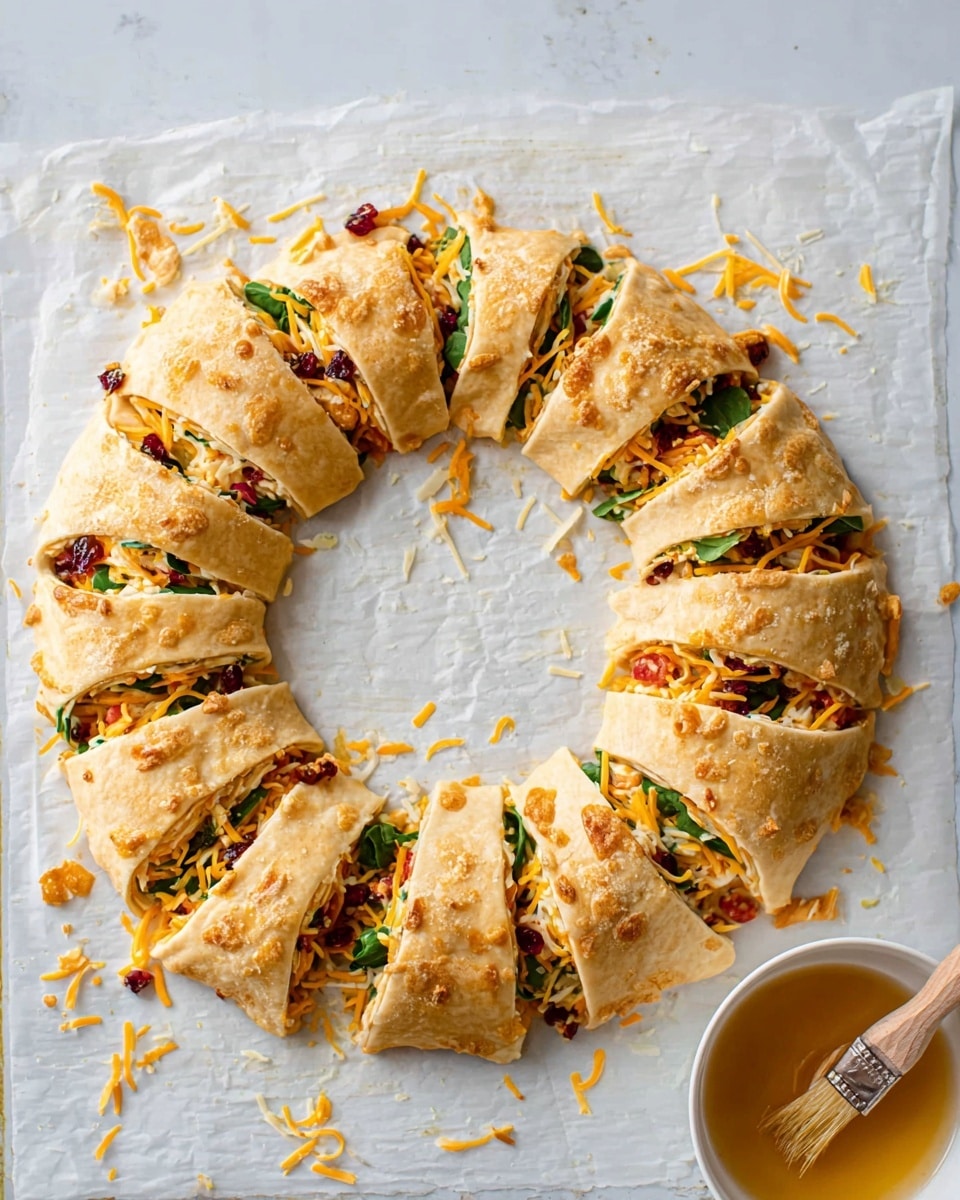 A circular wreath made of golden yellow dough with visible specks is placed on a white marbled textured surface. The dough is cut into 16 segments, each segment wrapped partially around colorful fillings. Inside each segment, there is a mixture of shredded cheese in white, orange, and yellow tones, fresh green spinach leaves, and some darker red bits. The wreath’s dough seams are slightly stretched, showing the vibrant filling within. To the bottom right of the wreath, there is a small white bowl with a light brown liquid and a natural bristle brush resting inside it. A few scattered bits of shredded cheese and dough crumbs surround the wreath. photo taken with an iphone --ar 4:5 --v 7
