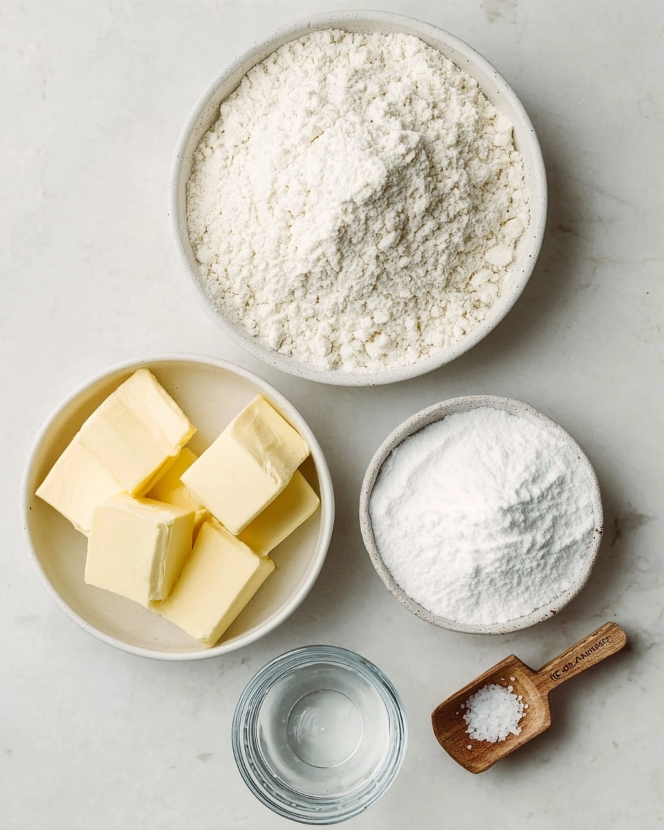 The image shows four containers with baking ingredients placed on a white marbled surface. At the top center is a round bowl filled with loose white flour, which has a soft and powdery texture. Below it, on the left, is a white bowl holding several thick, pale yellow butter chunks with smooth edges. To the right of the butter is a round bowl filled with fine white powdered sugar, appearing fluffy and light. Below the bowl of powdered sugar is a small clear glass cup with a transparent liquid, likely water. Next to the glass cup is a small wooden measuring spoon with a metal scoop, holding a tiny amount of white salt. The arrangement is neat and the ingredients show distinct textures and colors. photo taken with an iphone --ar 4:5 --v 7