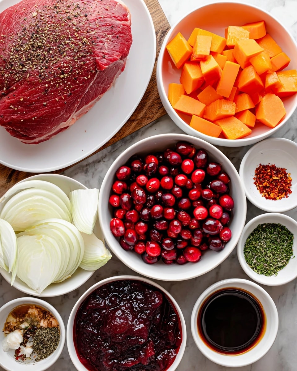 The image shows a close-up view of ingredients neatly arranged on a white marbled surface. In the top left, a large, raw red piece of meat seasoned with black pepper sits on a white plate. To the right, a white bowl holds orange carrot chunks. Below it, another white bowl is full of shiny, whole red cranberries. Moving left, a bowl has sliced white onion layers. In the center, there is a bowl with thick, dark red cranberry sauce. Surrounding it are smaller white bowls: one with a dark liquid, one with a rich red paste, and one with chopped garlic, green herbs, and red chili flakes. Two more bowls hold dark soy and similar sauces, creating a colorful and organized view of fresh and prepared ingredients. Photo taken with an iphone --ar 4:5 --v 7