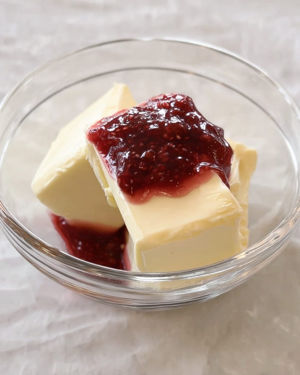 A clear glass bowl holds three soft cream-colored blocks of butter, arranged close together. On top of the butter, there is a thick, rich red jam with some seeds visible, spreading slightly over the sides and onto the bottom of the bowl. The background is a white marbled texture that reflects softly in the glass bowl. photo taken with an iphone --ar 4:5 --v 7