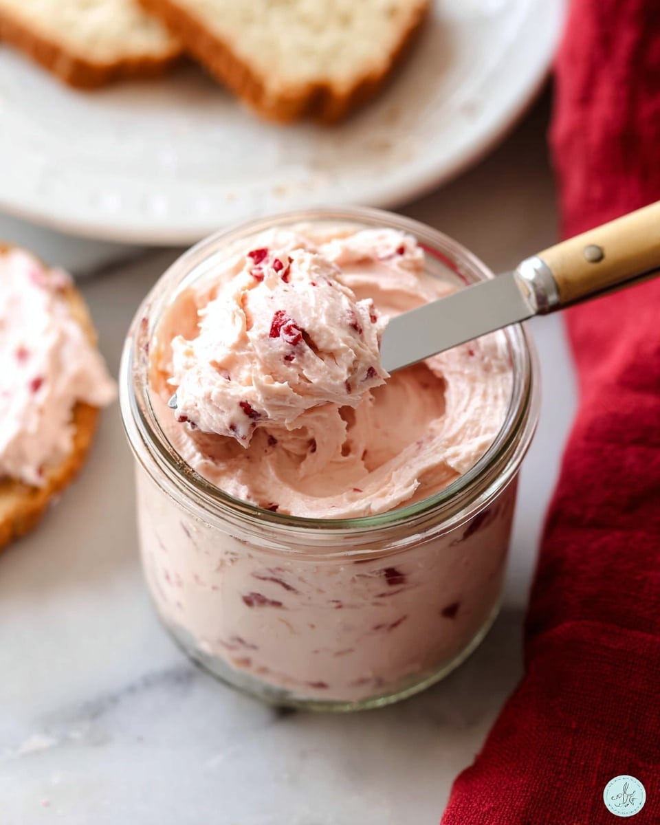 A close-up view of a small glass jar filled with soft, light pink spread that has small red bits mixed inside. A knife with a light wooden handle rests inside the jar, holding a dollop of the spread. The jar is placed on a white marbled textured surface, with parts of a white plate and a torn piece of bread lightly visible nearby. A red cloth is seen in the background on the right side of the image. Photo taken with an iphone --ar 4:5 --v 7