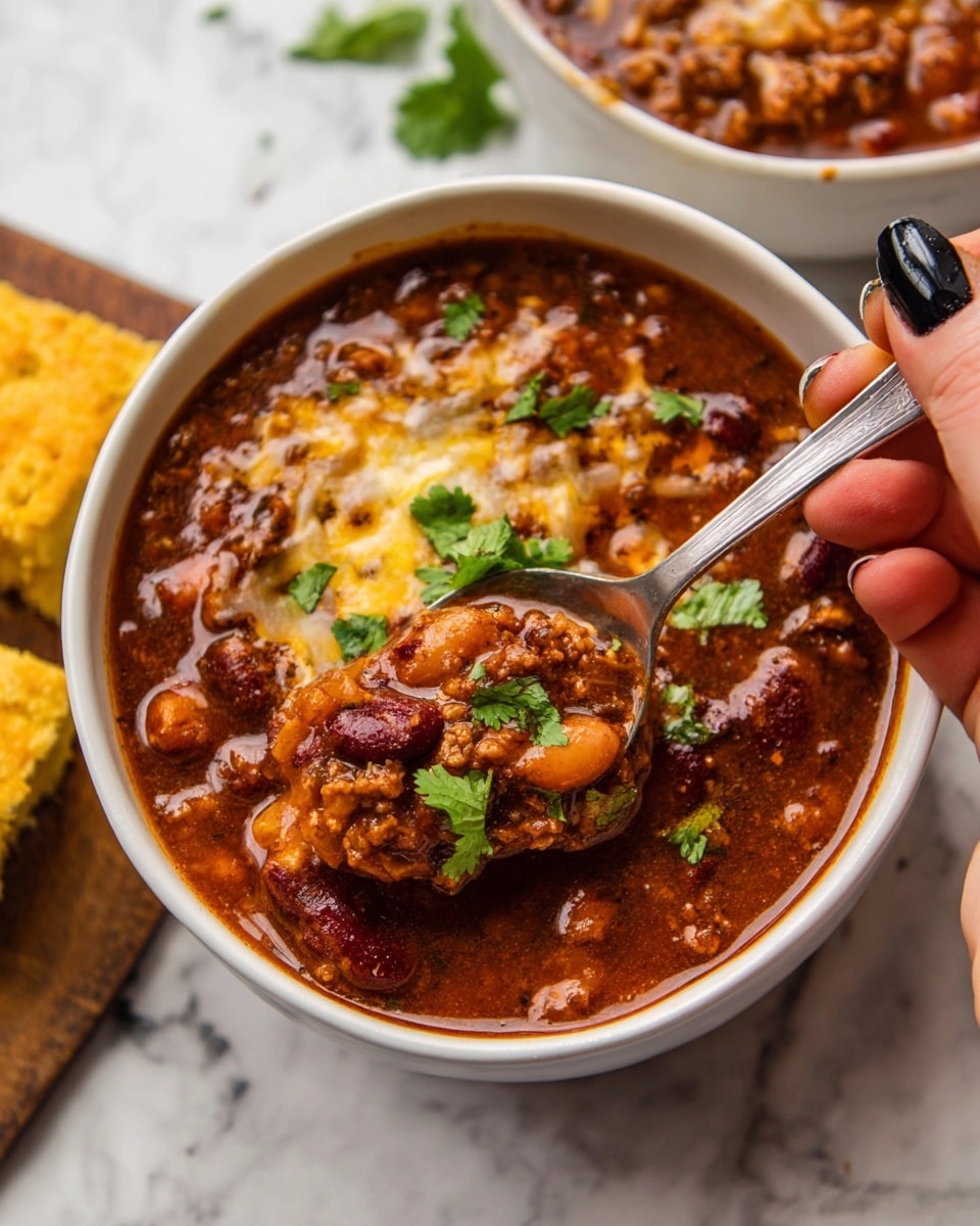 A white bowl filled with thick chili showing a rich dark red sauce with chunks of red and white beans and ground meat, topped with melted light golden cheese spread unevenly on the surface, garnished with bright green fresh cilantro leaves on top right. A silver spoon dips into the chili from the right side, held by a woman's hand with black nail polish, against a white marbled textured background with some blurred second bowl and pieces of yellow cornbread in the top left corner photo taken with an iphone --ar 4:5 --v 7