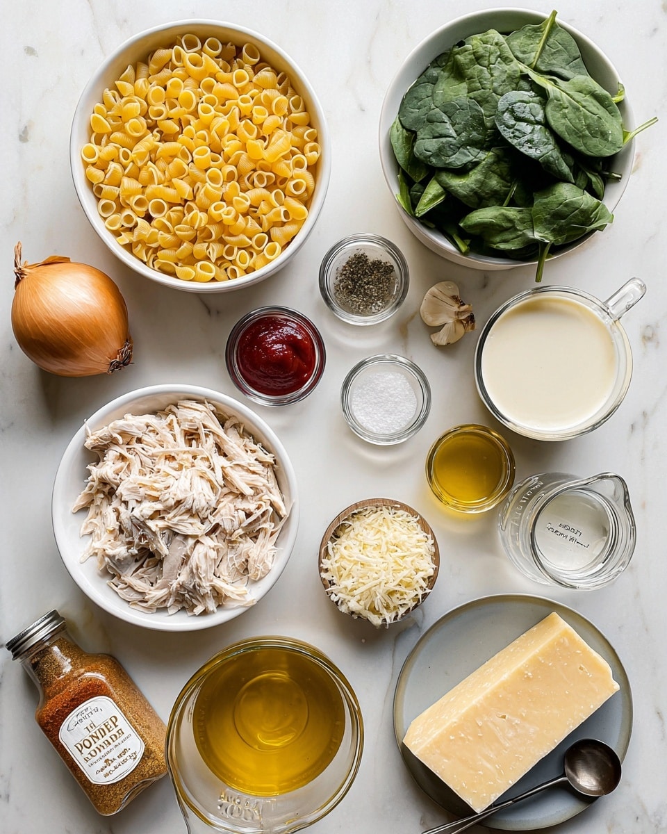 A top view of various cooking ingredients arranged neatly on a white marbled surface, including a white bowl filled with light yellow small pasta pieces, a white bowl with fresh green spinach leaves, and another white bowl holding shredded cooked chicken with light beige and brown tones. Nearby are small containers with white salt, black pepper, and red tomato paste, alongside glass measuring cups containing clear water, light cream, and golden broth. There is a whole yellow-brown onion, a small spouted white container with a pale yellow powder, two glass jars labeled