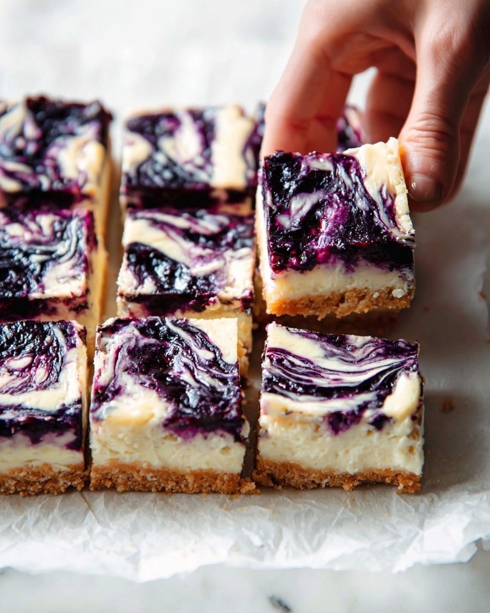 The image shows nine square pieces of blueberry cheesecake bars arranged on white parchment paper over a white marbled surface. Each piece has three visible layers: a light brown crumbly base at the bottom, a thick creamy white middle cheesecake layer, and a dark purple blueberry swirl mixed with white cream forming a marbled pattern on top. A woman's hand is picking up one piece from the top right corner, showing the thickness and texture of the layers clearly. The lighting is bright, highlighting the smooth cream and juicy berry swirls in the cheesecake bars photo taken with an iphone --ar 4:5 --v 7