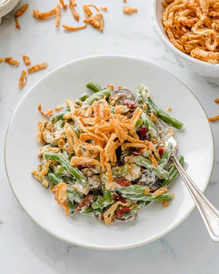 Homemade Green Bean Casserole with Bacon, Mushrooms, and Sharp Cheddar Recipe