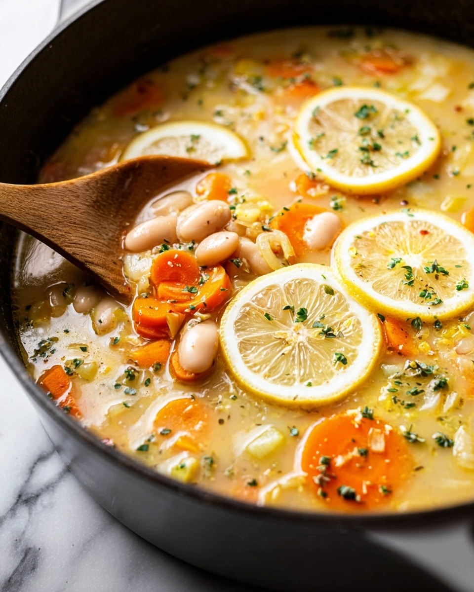 A close-up view of a thick soup in a black pot filled with a creamy light yellow broth layered with soft white beans, round orange carrot slices, and small pieces of celery and onion. Several thin lemon slices float on the surface, bright yellow with a light texture, garnished with small green herb bits. A wooden spoon is partially submerged on the left side, scooping up the soup, showing a mix of ingredients and broth. The pot sits on a white marbled surface. Photo taken with an iphone --ar 4:5 --v 7