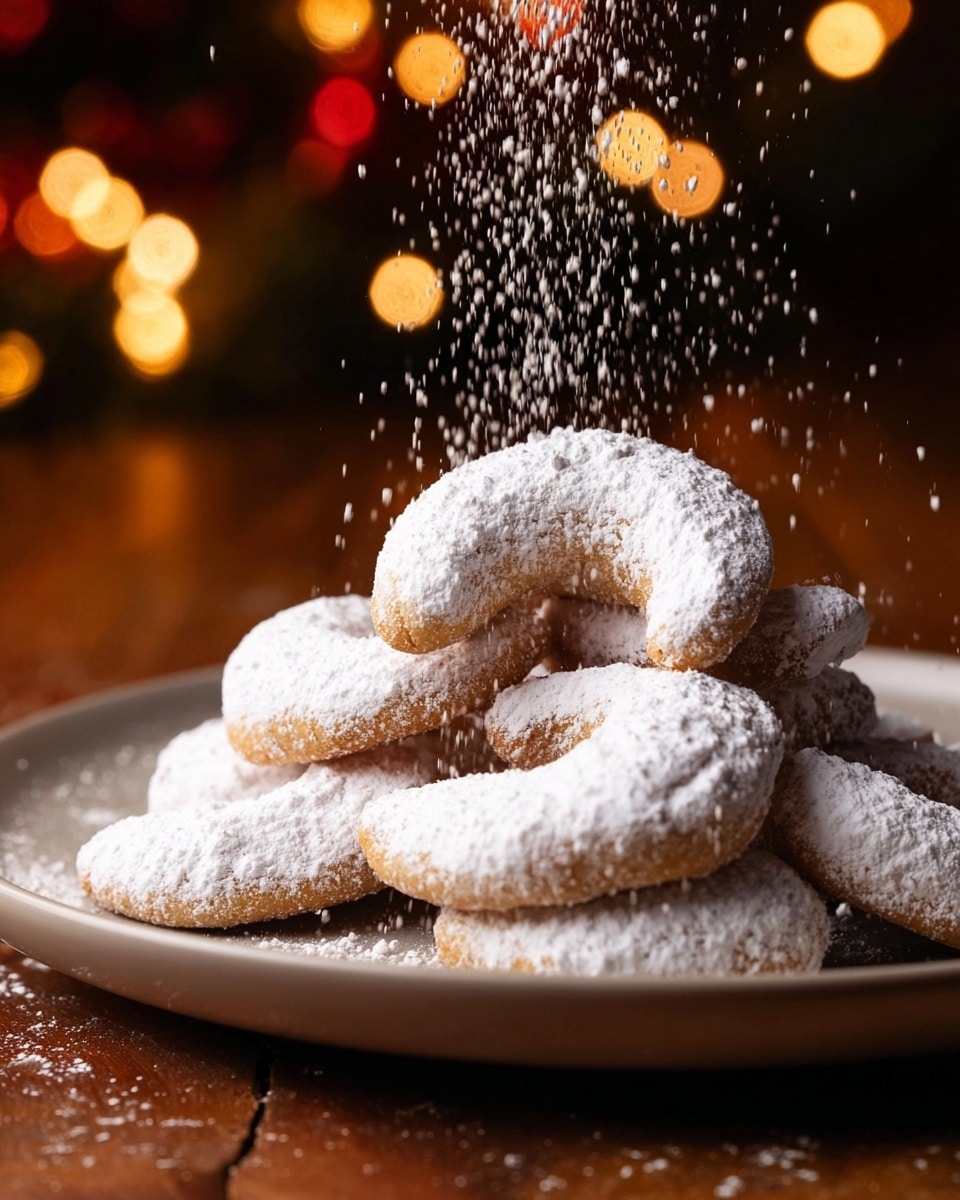 A pile of crescent-shaped cookies sits on a white plate with a matte surface; the cookies are pale brown and covered with a thick layer of white powdered sugar. More powdered sugar is falling from above, creating a visible dusting in the air above the cookies. The plate is on a wooden surface, and the background is dark with warm, blurred lights adding a cozy feel. Photo taken with an iphone --ar 4:5 --v 7