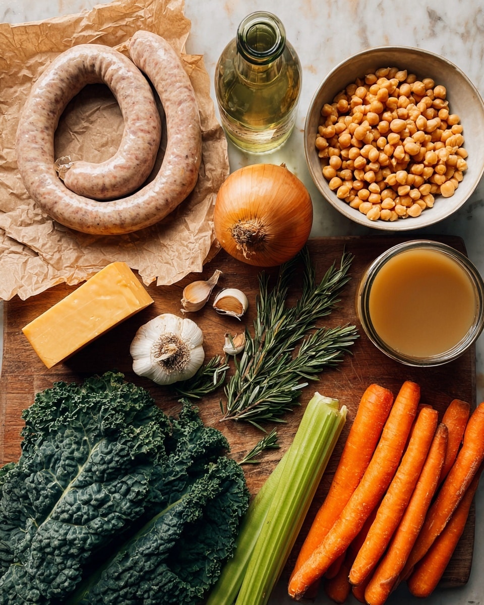 The image shows a wooden table with various fresh ingredients neatly arranged in layers: in the top left, a large coiled raw sausage with a light pinkish-brown color rests on brown parchment paper; beside it, a bottle of white wine stands vertically. To the top right, an off-white bowl is filled with small, round, light orange chickpeas. In the center, a whole brown onion and a block of hard cheese with a yellow-orange rind lie side by side. Below these, fresh green rosemary sprigs and four garlic cloves with light beige skins are placed in one layer. To the bottom left, a bunch of dark green textured kale leaves are spread out, topped with three celery stalks that are pale green and crisp in texture. On the far right, four vibrant orange carrots aligned in parallel add a bright contrast. A jar filled with light brown broth sits near the carrots. The entire scene is set on a white marbled texture. Photo taken with an iphone --ar 4:5 --v 7