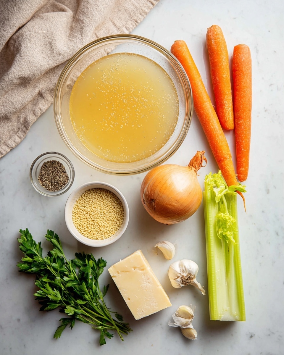 The image shows a clear glass bowl filled with a light yellow broth placed at the top center on a white marbled surface. Below the bowl, two whole orange carrots lie side by side next to a whole onion with light brown skin. To the right of the carrots and onion, two long pale green celery stalks are positioned vertically. Below the carrots, a small white cup filled with small yellow grains is placed next to a wedge of light yellow cheese with a slightly rough texture. Next to the cheese, two peeled garlic cloves and a small bunch of fresh dark green parsley leaves are arranged. Above the parsley, there is a small clear glass bowl containing a mixture of salt and black pepper. A beige cloth is folded and visible on the upper left corner. Photo taken with an iphone --ar 4:5 --v 7