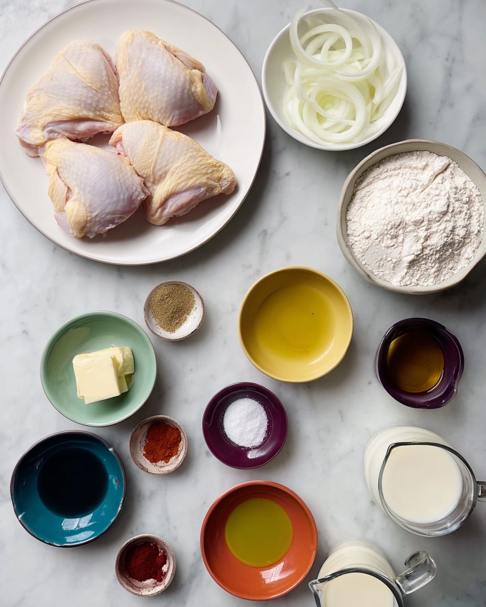 A flat white marbled surface is laid out with various cooking ingredients arranged neatly. At the top left, there is a white plate holding three raw chicken pieces with smooth, pale pink skin. To the right at the top, a small white bowl contains white onion slices. Below this, a white bowl filled with white flour sits to the right. Scattered around the center and lower area, there are small colorful bowls: a light green bowl with a brown spice, a yellow bowl with dark liquid, a small red bowl with light beige powder, a purple bowl with dark red powder, a blue bowl with green oil, and an orange bowl with a pale beige granulated spice. There is also a small white dish holding a square of pale butter. On the bottom right, two transparent measuring jugs contain white milk and light brown broth. The overall look is clean, organized, and inviting, with a soft natural light and minimal shadows. Photo taken with an iphone --ar 4:5 --v 7