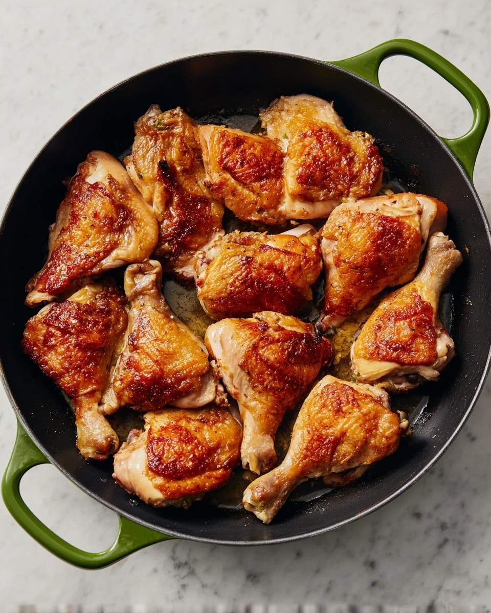 A black pan with a green handle holds twelve pieces of cooked chicken with golden brown, crispy skin. The pieces include a mix of drumsticks and thighs, arranged to almost cover the pan's surface. The chicken skin shows varying shades of light golden to deeper orange browns, signaling a well-cooked and textured exterior. The pan sits on a white marbled surface, adding a clean and bright contrast to the rich tones of the chicken. photo taken with an iphone --ar 4:5 --v 7