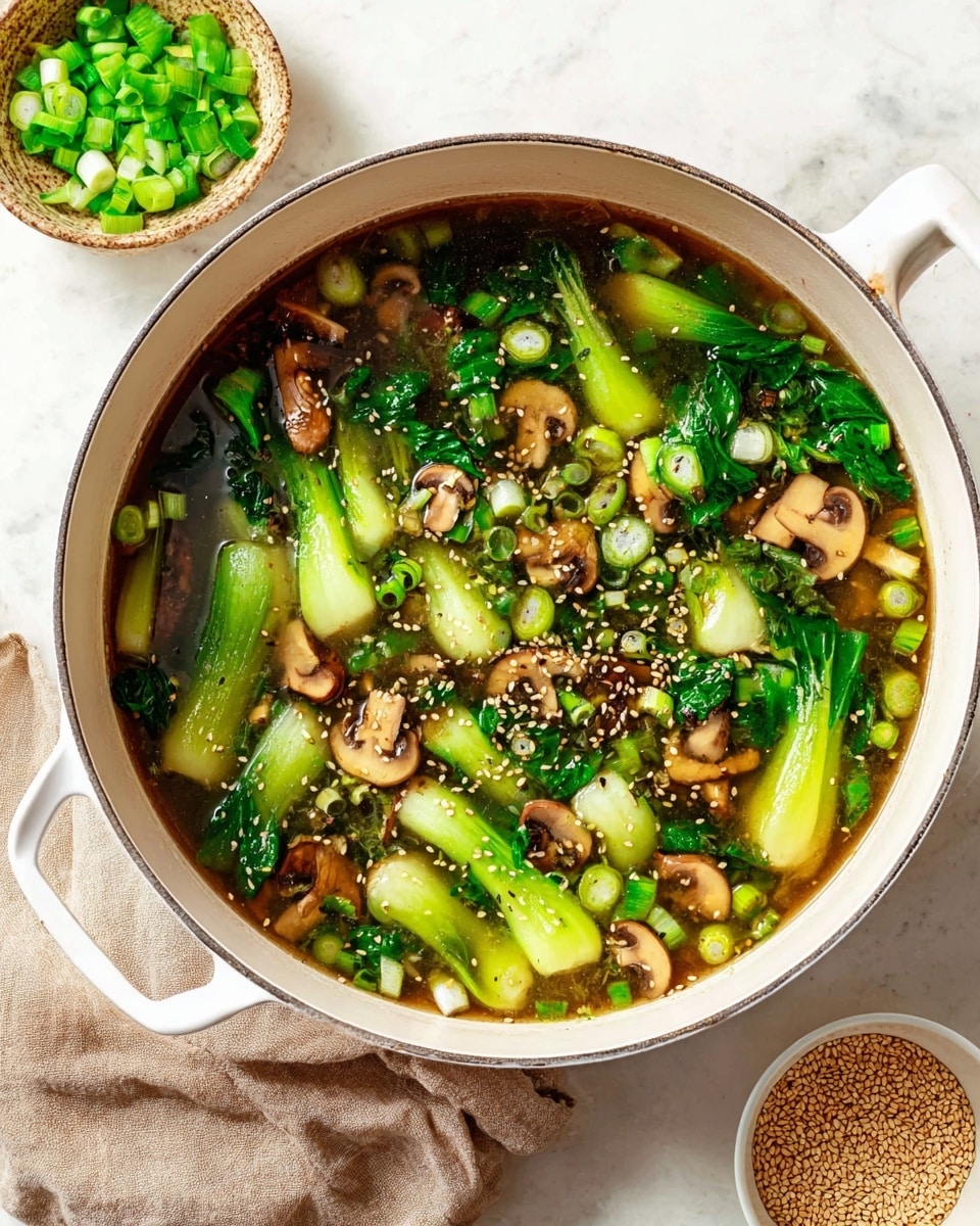 A white pot filled with clear brown broth soup showing multiple layers of fresh green vegetables like chopped bok choy and spring onions, with slices of brown mushrooms spread evenly throughout. The soup has small white sesame seeds floating on top and visible black pepper specks, all resting on a white marbled surface. Around the pot, there is a small white bowl with chopped green onions and a white bowl with sesame seeds. A folded light brown cloth is placed beside the pot's handle. photo taken with an iphone --ar 4:5 --v 7