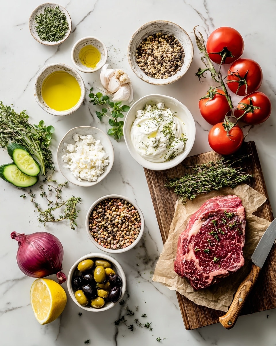 The image shows several small white bowls and plates arranged on a white marbled surface. There is a wooden cutting board on the right, with a raw marbled steak resting on brown parchment paper, surrounded by green herbs and a knife with a wooden handle. Around the board, the bowls hold black and green olives, white creamy yogurt with olive oil on top, light brown spices, mixed peppercorns, coarse salt, and olive oil. There are fresh vegetables including whole cherry tomatoes, two small cucumbers, a halved red onion, a lemon, garlic cloves, fresh green herbs like thyme and oregano, crumbled white cheese, and a bowl with mixed grains or lentils. The scene is bright and clean, with natural light highlighting the textures and colors, photo taken with an iphone --ar 4:5 --v 7