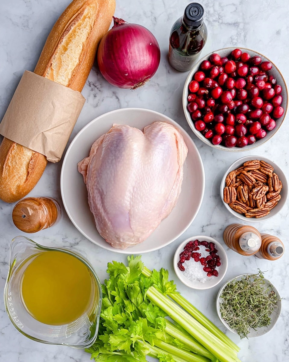 The image shows a white bowl with a large piece of raw pale pink turkey in the center, surrounded by several ingredients arranged on a white marbled surface. To the left, there is a long baguette partially wrapped in brown paper, a red onion with smooth shiny skin, and a white bowl filled with bright red cranberries. At the bottom, a clear glass measuring cup contains a golden yellow liquid, likely broth. To the right, there are three celery stalks with a fresh green color, a small bunch of leafy parsley, and three small white bowls holding dried cranberries, pecan halves, and mixed dried herbs. Among these ingredients are a small dark glass bottle of vinegar, a clear glass bottle with olive oil, and wooden salt and pepper shakers. The layout is neat with all items clearly visible. Photo taken with an iphone --ar 4:5 --v 7