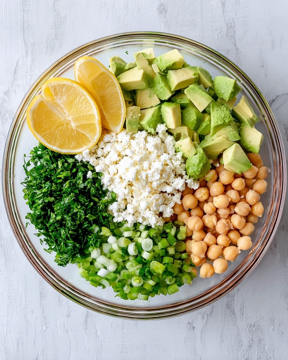 A clear glass bowl shows five sections of ingredients arranged side by side: light green chopped avocado in large pieces in the top right, bright green finely chopped parsley next to it at the bottom right, light brown round chickpeas filling the middle bottom, white crumbly cheese on the left middle, and small chopped green onions in light and dark green shades at the bottom left. To the left of the bowl are two lemon halves with a bright yellow peel and juicy pale yellow inside. All is placed on a white marbled surface. photo taken with an iphone --ar 4:5 --v 7