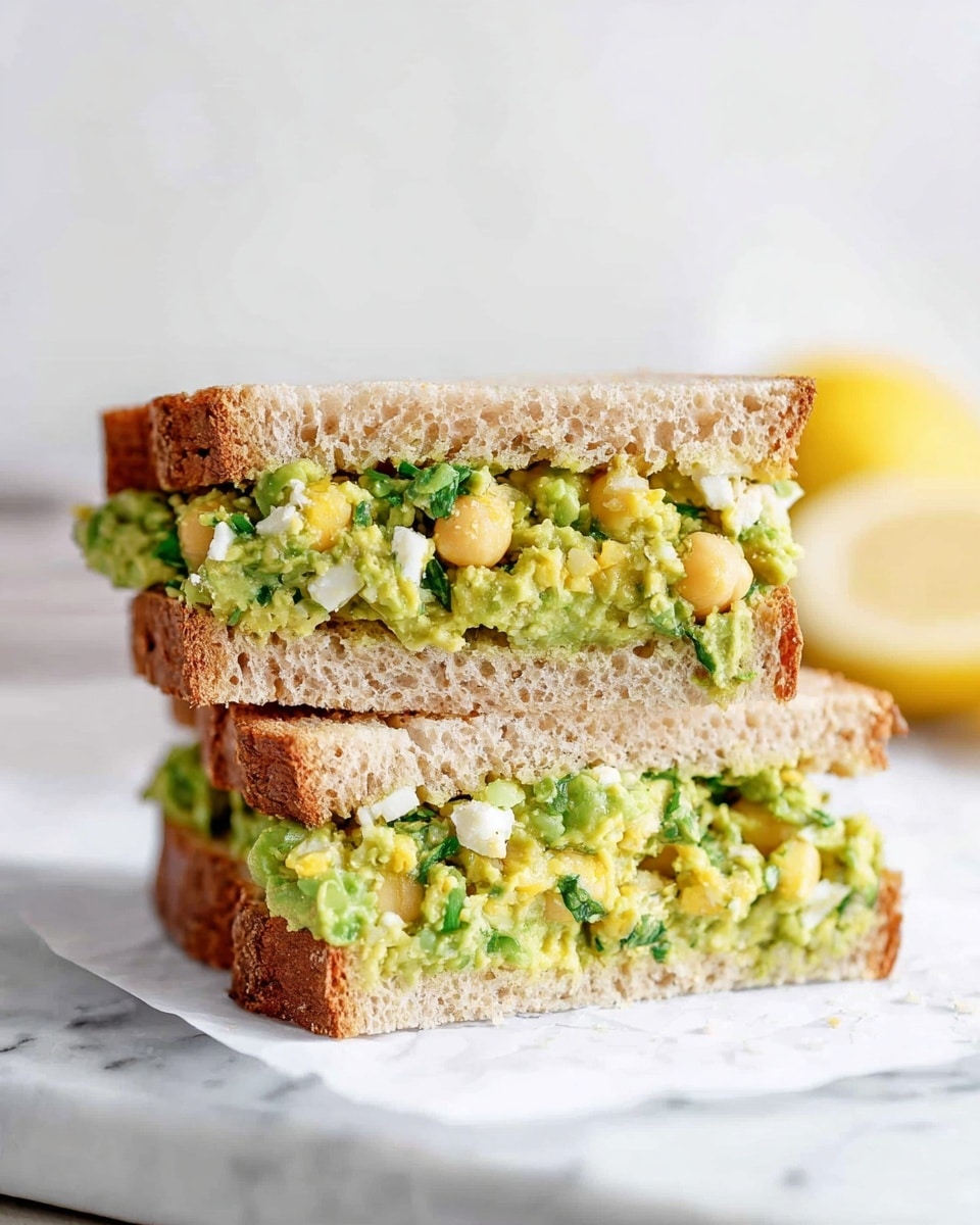 A sandwich cut in half and stacked, showing two layers of thick, light brown bread with a soft texture and crust edges. Between the bread layers, there is a filling made of bright green mashed avocado mixed with yellow chickpeas and small white chunks, likely cheese, along with bits of green herbs. The sandwich is placed on white parchment paper on a white marbled surface, with a blurred lemon wedge in the background. Photo taken with an iphone --ar 4:5 --v 7