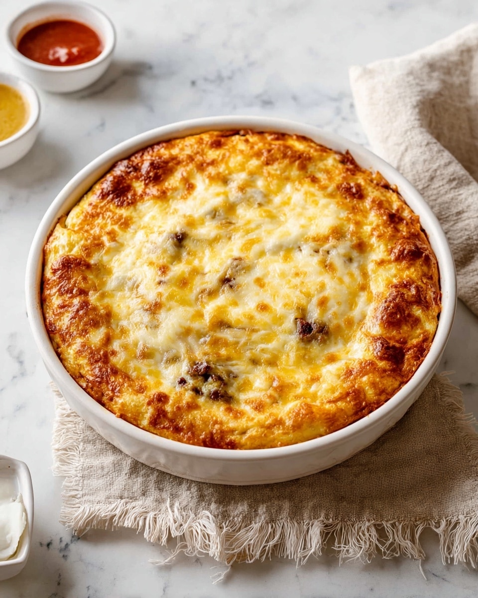 A round white ceramic dish holds a baked casserole with a golden-brown top layer of melted cheese that is slightly bubbly and textured. Below the cheese, hints of darker, uneven brown bits peek through, suggesting layers of ingredients beneath the surface. The edges of the casserole are puffed up slightly and browned more deeply, giving a crisp appearance. The dish is placed on a light-colored cloth with frayed edges on the right side, and the surface underneath has a white marbled texture. In the background, there are small white bowls, one filled with a red sauce and another with a yellowish sauce, both sitting on the same white marbled surface. photo taken with an iphone --ar 4:5 --v 7