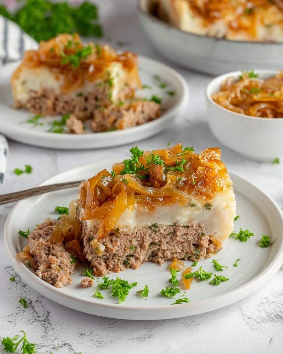 The image shows a white plate with two slices of a layered dish. The bottom layer is a smooth, pale dough or crust. On top of this is a thick layer of cooked minced meat with a crumbly texture and a light brown color. Above the meat layer, there is a topping of soft, golden brown cooked onions. Fresh green parsley is sprinkled over the onions and around the plate, adding a touch of brightness. In the background, there is a small white bowl filled with more cooked onions and a plate with additional pieces of the same dish, all set on a white marbled surface. photo taken with an iphone --ar 4:5 --v 7