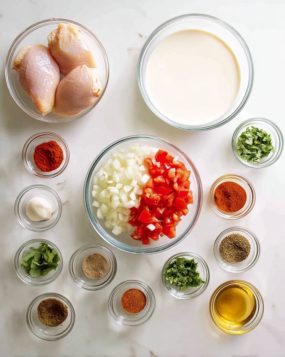 The image shows several clear glass bowls arranged neatly on a white marbled surface, each holding different ingredients. In the bottom left corner, there are two raw chicken pieces in a bowl, light pink and smooth. Above it, there is a large bowl with a creamy white liquid. In the center, two bowls contain diced white onions and chopped red tomatoes, both vibrant and fresh-looking. Surrounding these main bowls are smaller bowls with various spices and chopped herbs, including green leaves, minced garlic, powdered spices in shades of brown, red, and orange, and a light golden liquid. The overall setup is clean and bright, with good lighting highlighting the colors and textures clearly. photo taken with an iphone --ar 4:5 --v 7