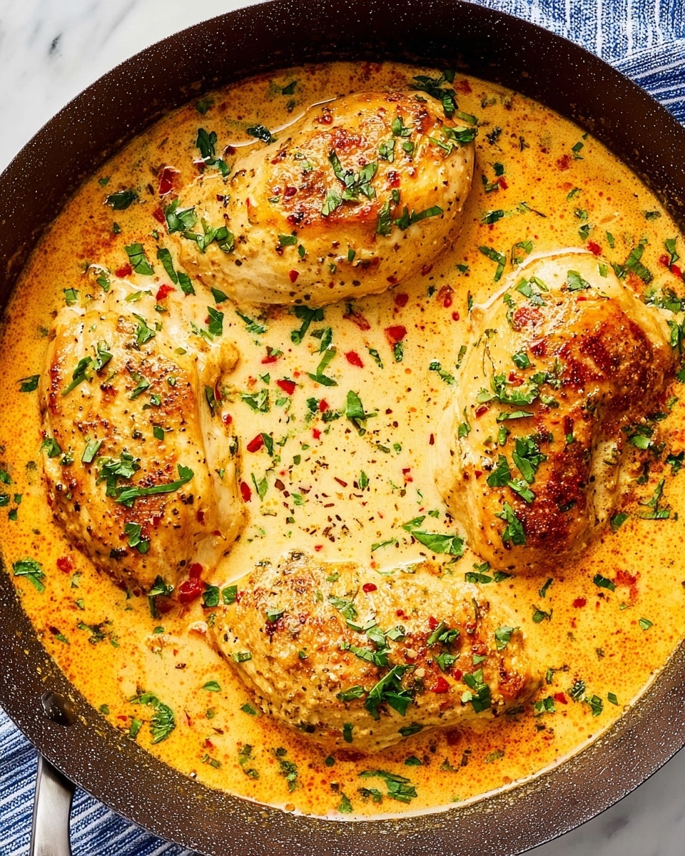 The image shows four cooked chicken pieces submerged in a creamy orange sauce inside a dark skillet. The chicken pieces are golden brown with some light specks of seasoning, and the sauce looks creamy with visible small red and white bits, creating a smooth textured surface. The dish is topped with green chopped herbs scattered evenly across the chicken and the sauce, giving a fresh touch. The skillet is placed on a white marbled surface with a blue and white striped cloth next to it photo taken with an iphone --ar 4:5 --v 7