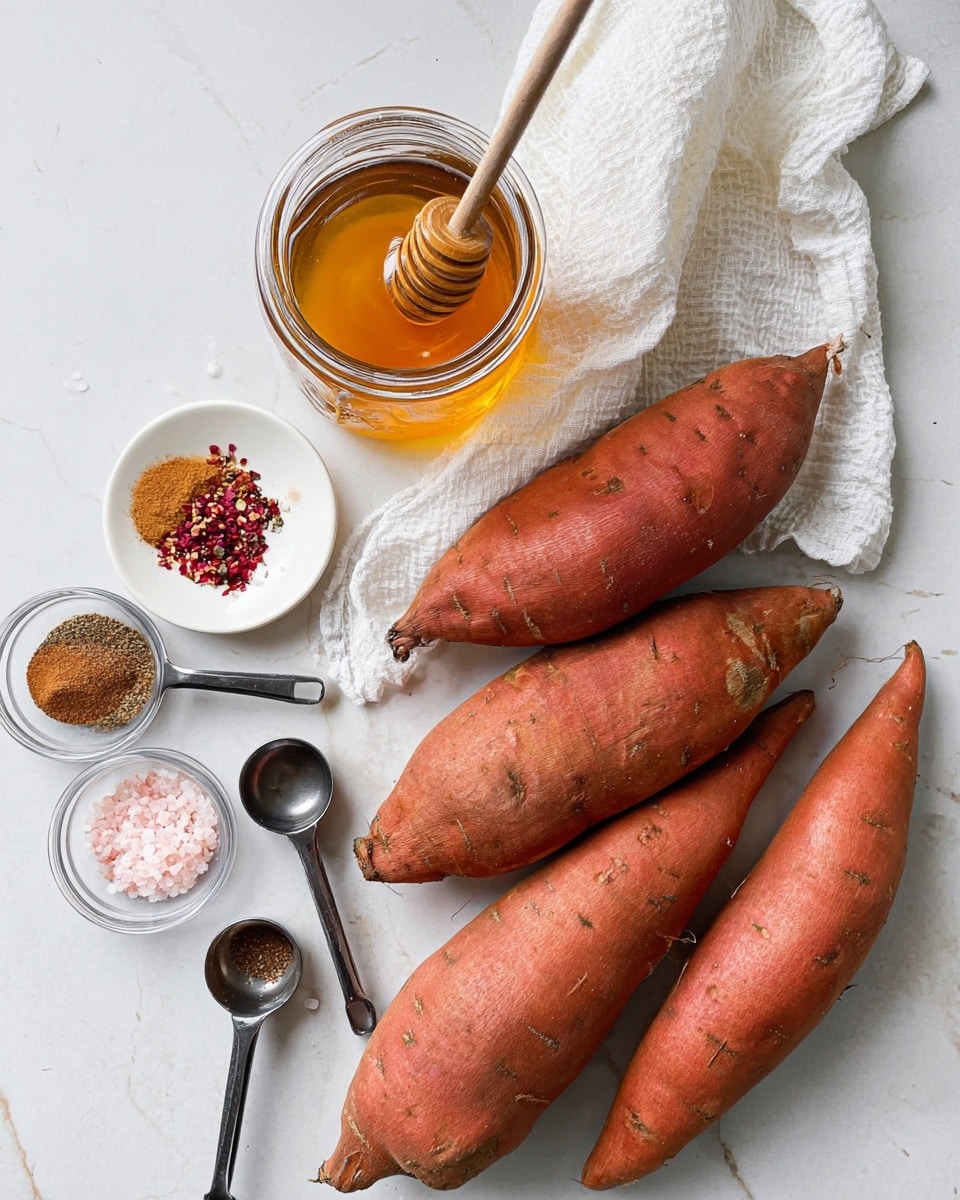 The image shows four large reddish-orange sweet potatoes arranged diagonally on a white marbled surface. Above them, there is a clear glass jar filled with golden honey with a wooden honey dipper resting inside. Next to the jar, a white cloth with some wrinkles is placed partially in the frame. To the left of the sweet potatoes, there are small glass bowls holding light pink salt, dark red chili flakes, and two brown powdered spices on a small white ceramic plate. Dark metal measuring cups and spoons are placed near the top and bottom of the image, creating a neat arrangement of ingredients. photo taken with an iphone --ar 4:5 --v 7