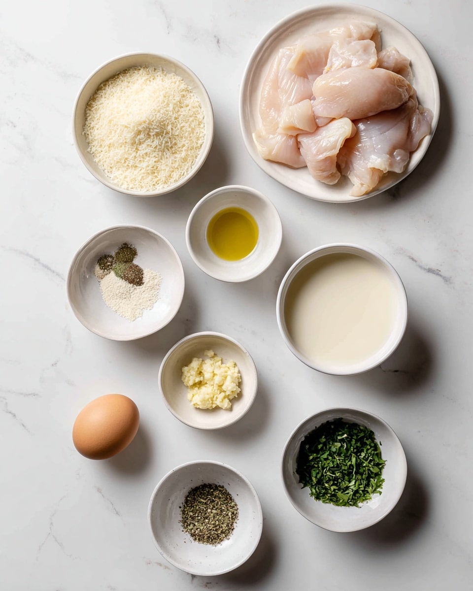 The image shows nine white dishes on a white marbled surface, each holding different ingredients. At the top right, a white plate holds soft, pale pink raw chicken pieces with a smooth texture. Below and to the left, a small white bowl is filled with fine, off-white grated cheese. To the right of that, a white bowl contains a creamy white liquid, smooth and thick. Below the cheese, a small white bowl with a light yellow liquid is placed beside a tiny white dish filled with minced pale yellow garlic. Below these, a small white bowl holds black pepper with a coarse texture, and next to it, another white bowl contains mixed dried herbs with green and brown tiny leaves. Below and slightly to the right, a small white bowl has light golden oil, and at the bottom right corner, a small white bowl is filled with fresh green chopped herbs. An uncooked brown egg is placed near the creamy liquid bowl, standing out against the white marbled surface. Photo taken with an iphone --ar 4:5 --v 7