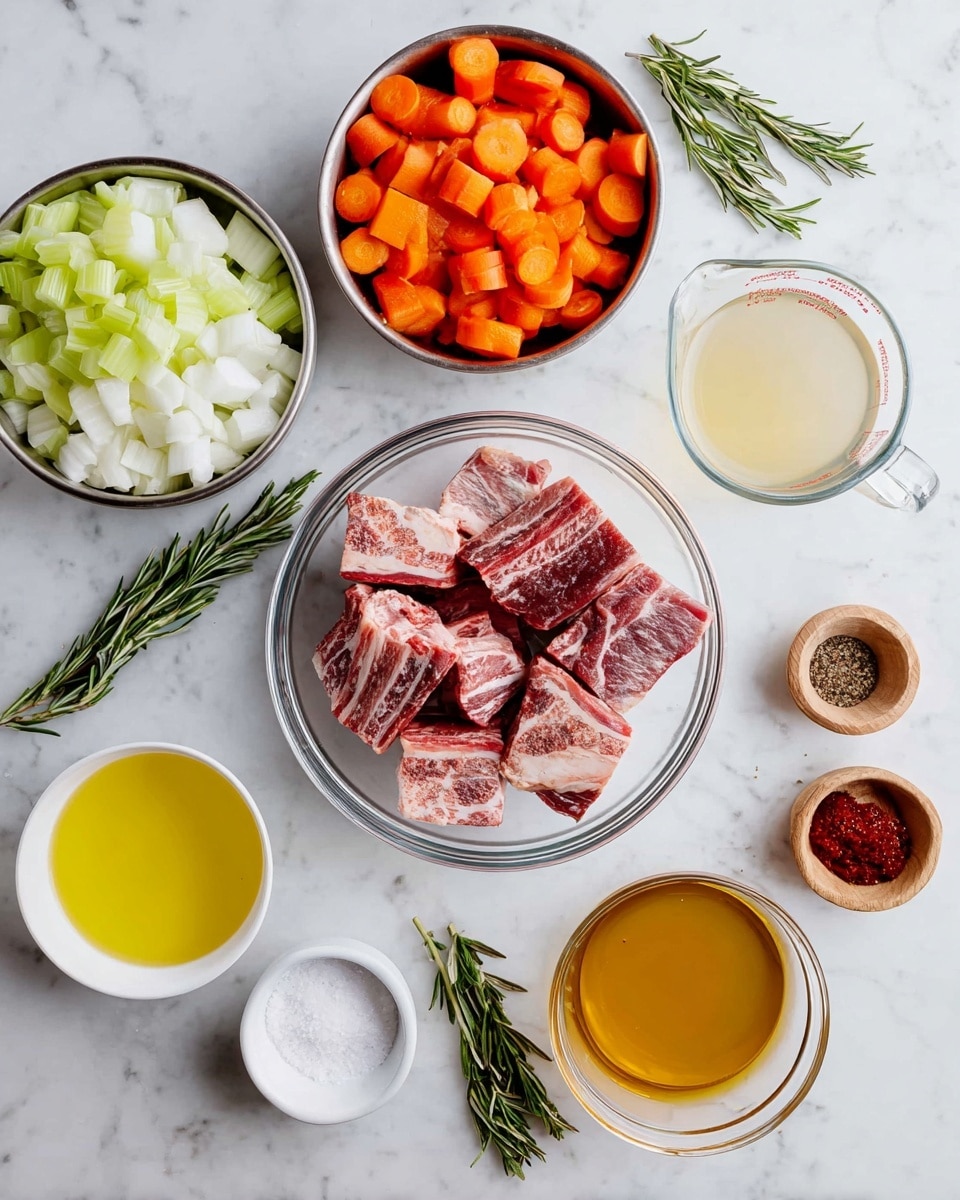 The image shows several ingredients arranged neatly on a white marbled surface. In the center is a clear glass bowl filled with raw beef short ribs, showing layers of red meat and white fat marbling. To the upper left, a metal bowl holds chopped onions in white, celery pieces in light green, and carrot slices in orange, layered side by side. To the upper right, a clear measuring cup contains a light yellow liquid. Below that, two clear glass bowls hold a golden broth, stacked vertically with one slightly overlapping the other. At the bottom left, a small white bowl contains a bright yellow oil, and next to it is a small wooden bowl with white salt beside a partially opened wooden lid. Near the salt, a small white bowl holds black pepper, and a tiny white container contains bright red paste. Two fresh rosemary sprigs lay diagonally at the top left corner. The photo taken with an iphone --ar 4:5 --v 7