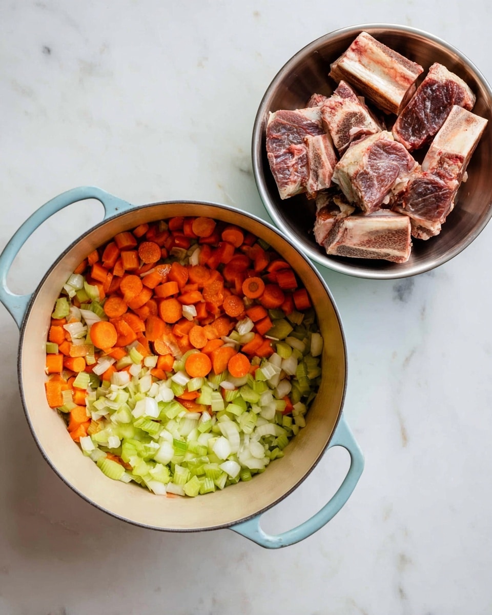 The image shows a light blue pot filled with three layers of chopped vegetables: orange carrots, light green celery, and white onions, all mixed together and sitting at the bottom of the pot. Next to the pot on the top right, there is a metal bowl filled with browned beef short ribs with visible marbling and bone. Both the pot and bowl are placed on a white marbled surface that serves as the background. photo taken with an iphone --ar 4:5 --v 7