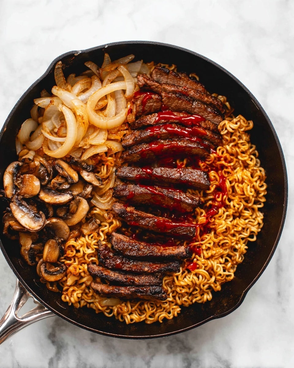A black pan holds a layered dish with cooked curly noodles forming the base, showing a rich golden-brown color with a slightly oily shine. On one side, there are light brown cooked onion slices with a soft texture, and on the opposite side, small brown sliced mushrooms sit close to the noodles. On top of the noodles, several slices of dark brown grilled meat are arranged in a fan shape, each slice brushed with a red sauce that adds a glossy finish. The pan is set against a white marbled surface, photo taken with an iphone --ar 4:5 --v 7